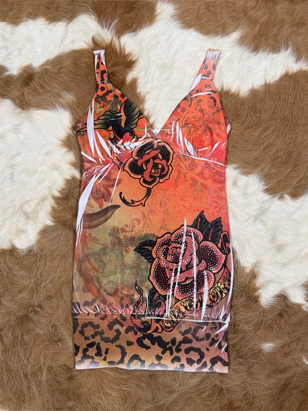 Cleo Casual Orange Floral & Leopard Print Rhinestone Top
